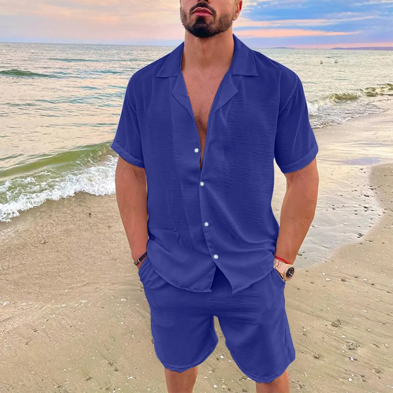 Summer Short Sleeve Button Shirt And Short Pockets Pant Men Casual Loose Two Piece Suit 2025 Men Beach Holiday Cotton Linen Sets