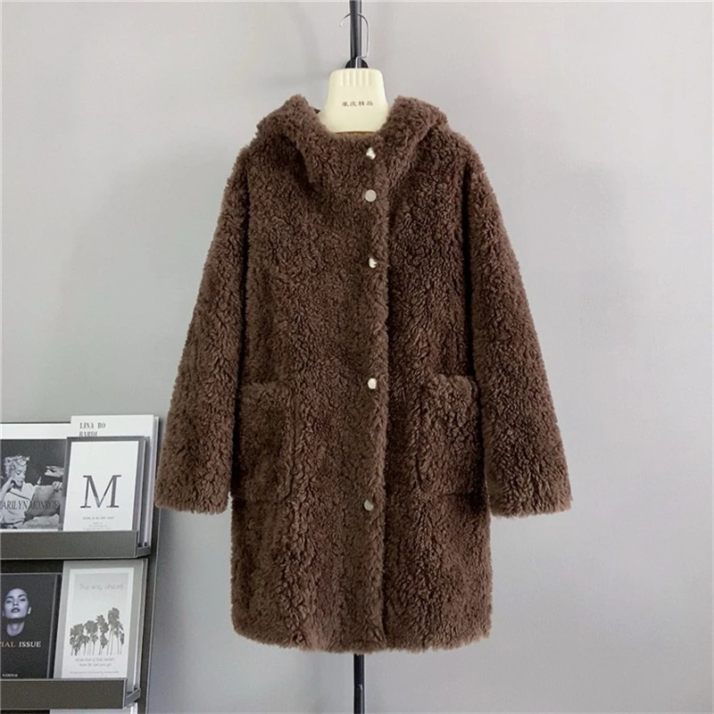 PT427 Fall and Winter New Covered Buttons Sheep Shearling Fur Jacket Female Hooded  Loose Thickened Warm Coat