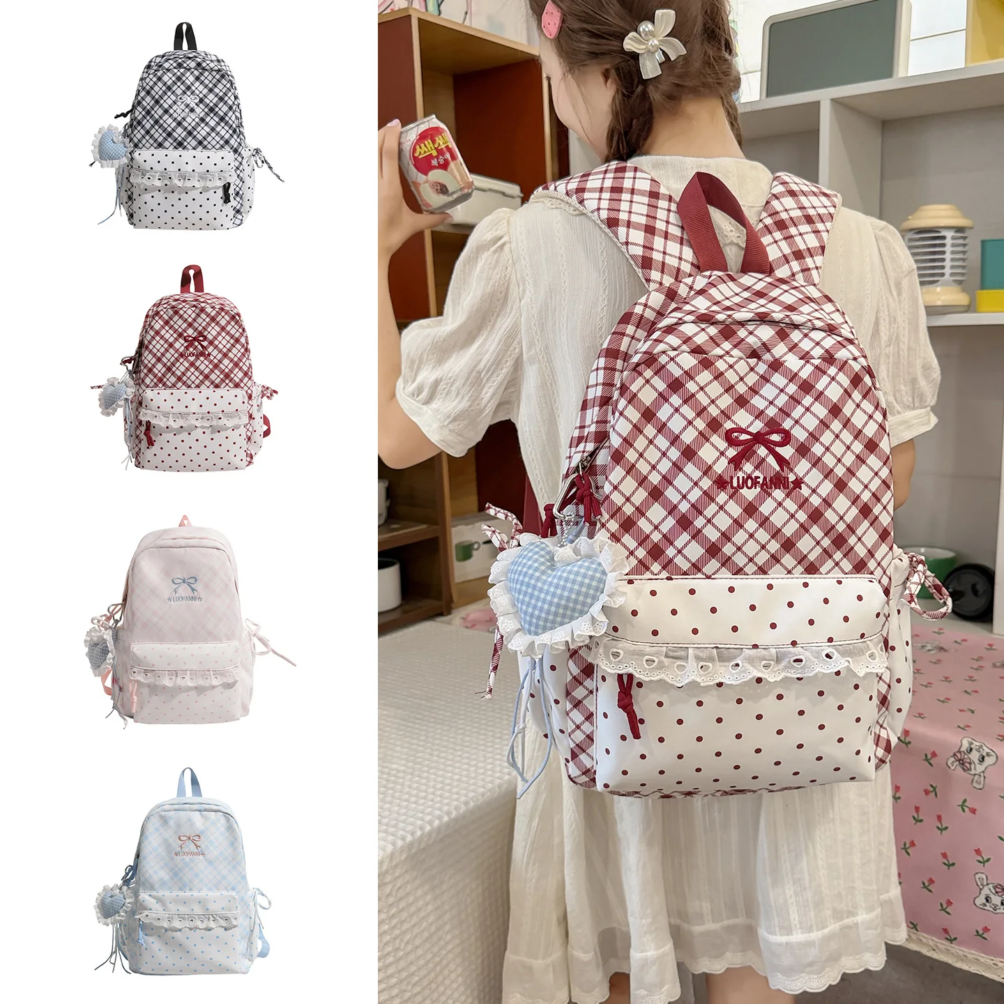 Lightweight nylon fabric student backpack with cute striped bow, large-capacity 15-inch computer travel backpack