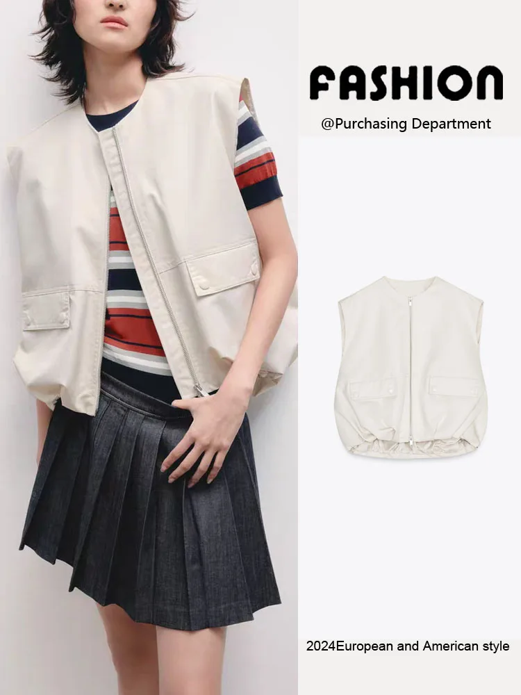 

Spring New Arrival Loose Women's Vest Double Head Zipper ket Flip Cover Svel Faion Commuting Sle round Ne