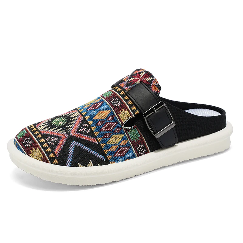 

Ethnic Print Men's Designer Slippers Big Size 47 Summer Breathable Half Shoes for Man Casual Flat Fisherman Shoes Man Lazy Shoes