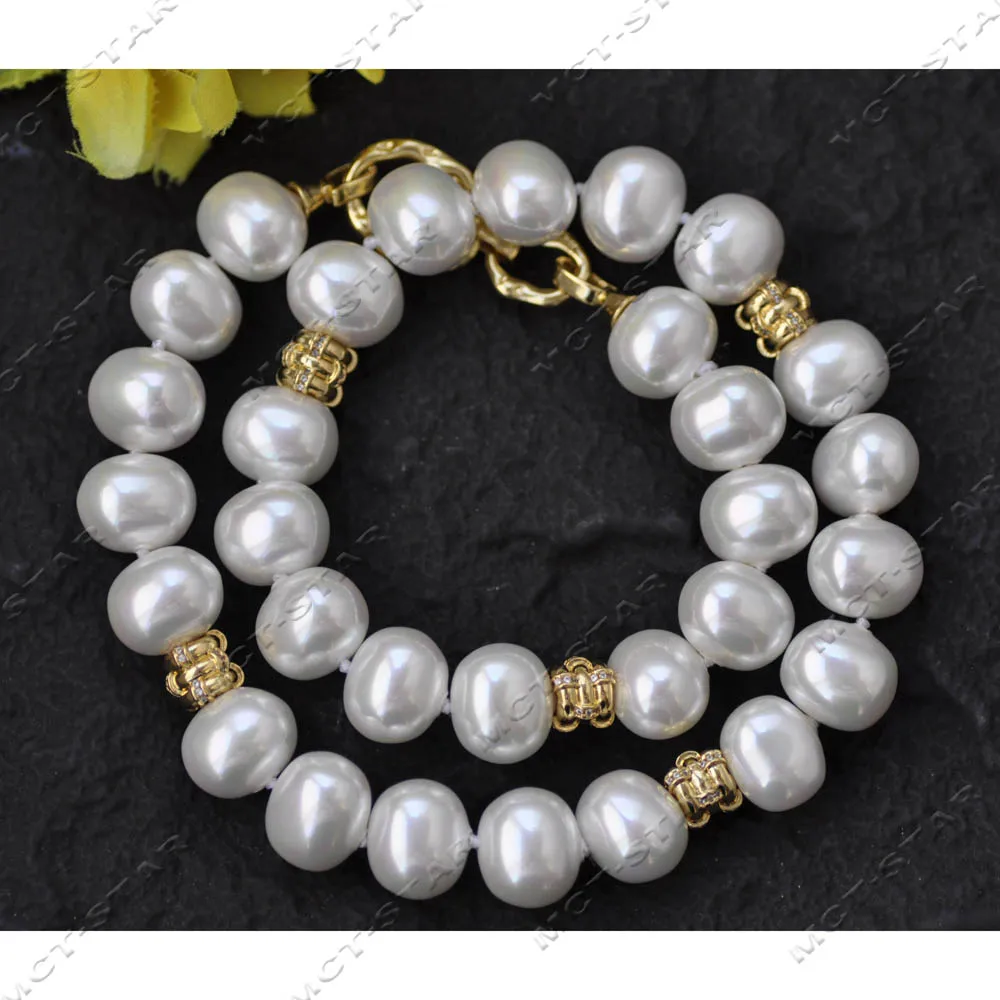 Z14028 20'' 15mm White Egg South Sea Shell Pearl Golden Spacer bead Necklace Custom Jewelry