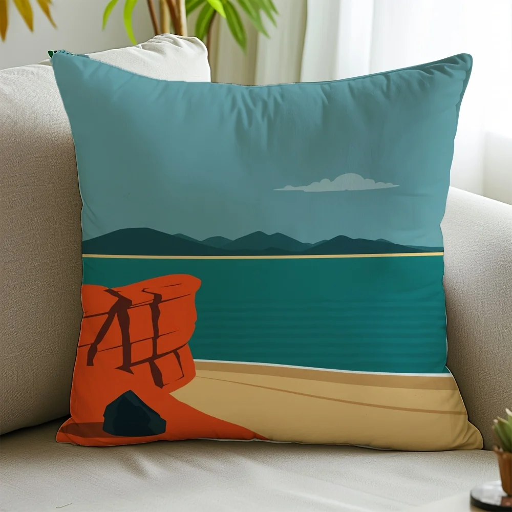 Seaside Cliff Pillow Cover 18x18 Inch Polyester Zipper Machine Washable Modern Coastal Decor Sofa Bed