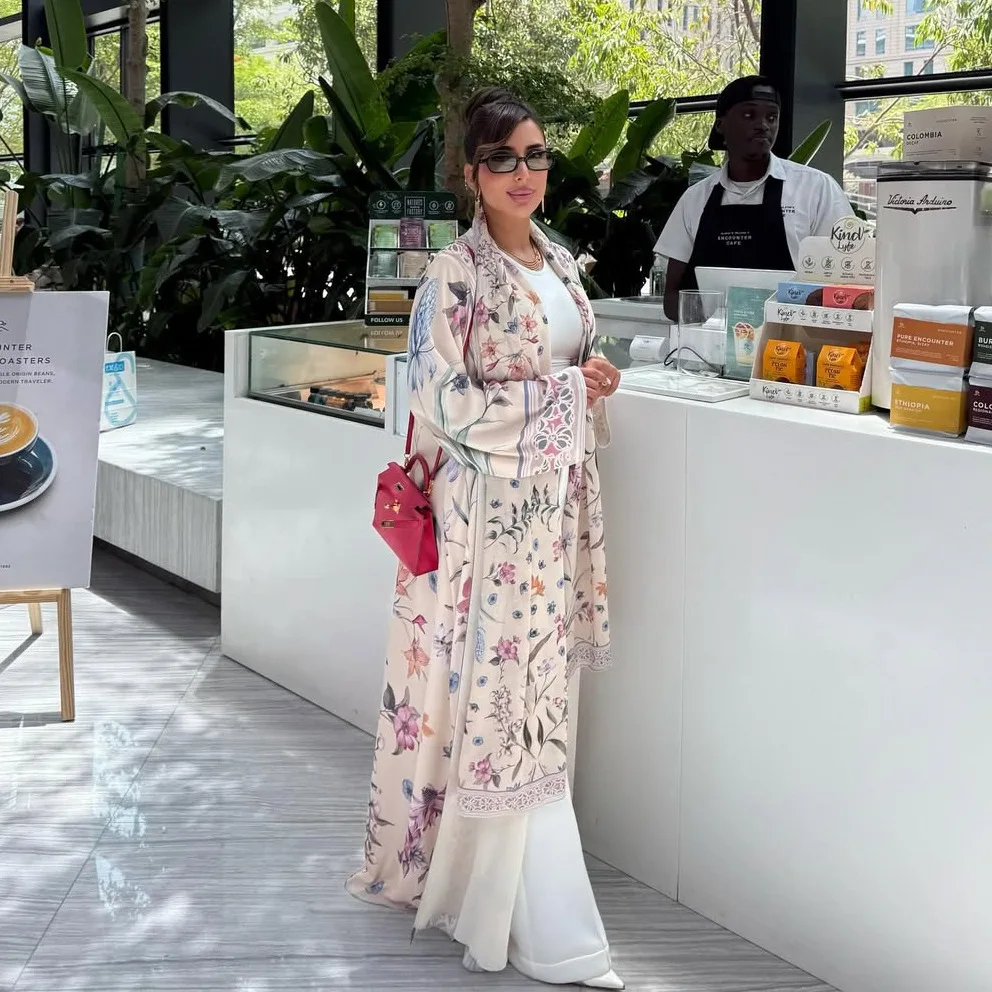 

Eid Open Abaya Dubai Flower Print Cardigan and Hijab Scarf Muslim Party Dress Jalabiya Ramadan Abayas for Women Kaftan Long Robe