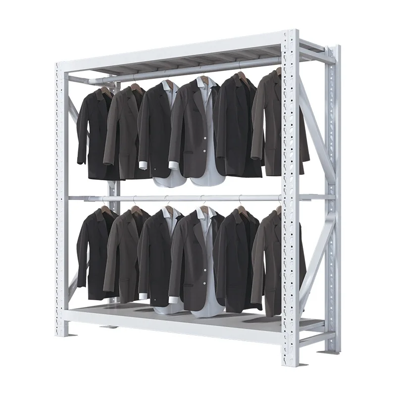 

Hanging clothes on high heights, clothing stores, warehouses, warehousing paint, simple floor type, large hangers.