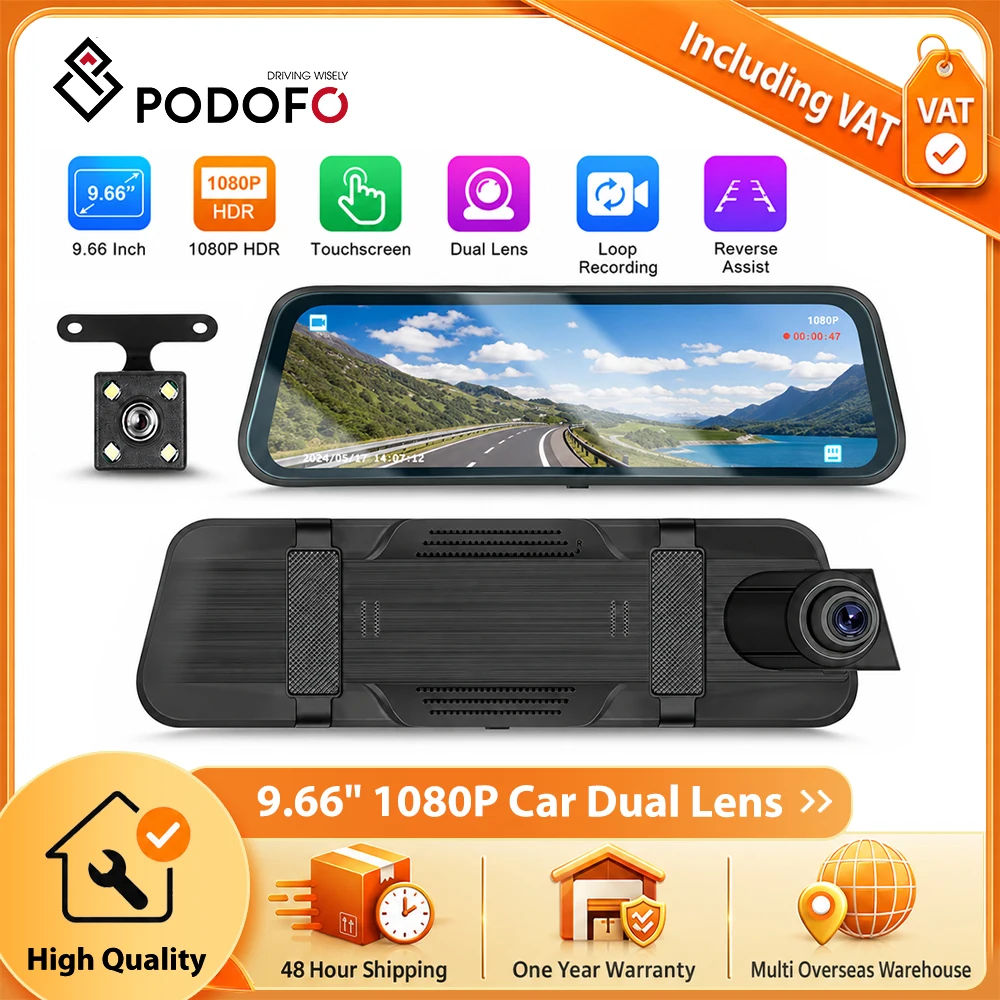 Podofo, videoregistratore per auto con doppia lente, schermo touchscreen da 9,66", specchietto retrovisore, registrazione in loop, visione notturna, registratore di guida, assistenza alla retromarcia