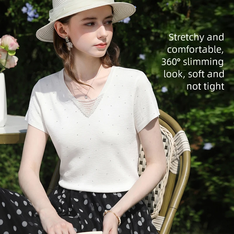 I BELIEVE YOU Grey Rhinestone V Neck Knit T Shirt for Women 2026 Summer Elegant Loose Tees Soft Cool Short Sleeve Top 2262146525