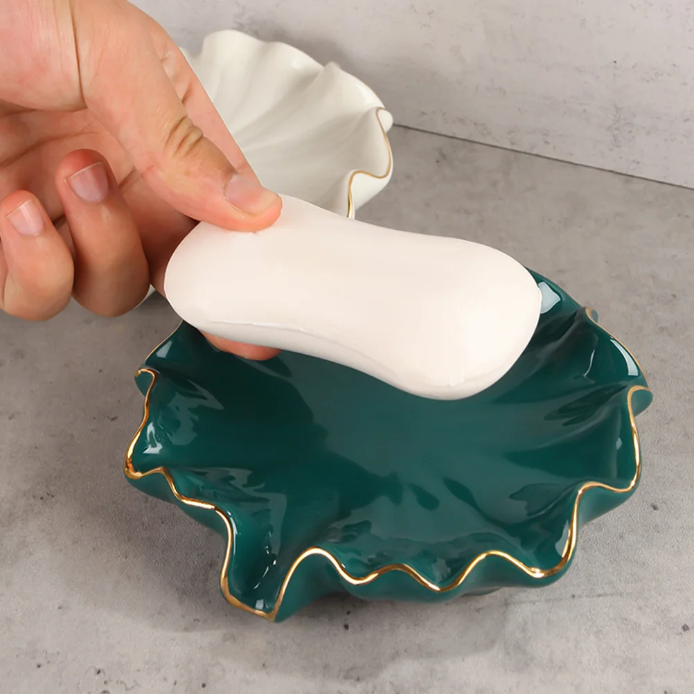 

Ceramic Self Draining Soap Dish Lotus Soap Holder Bathroom Tray and Portable Dish Holder Ceramic Vanity Tray