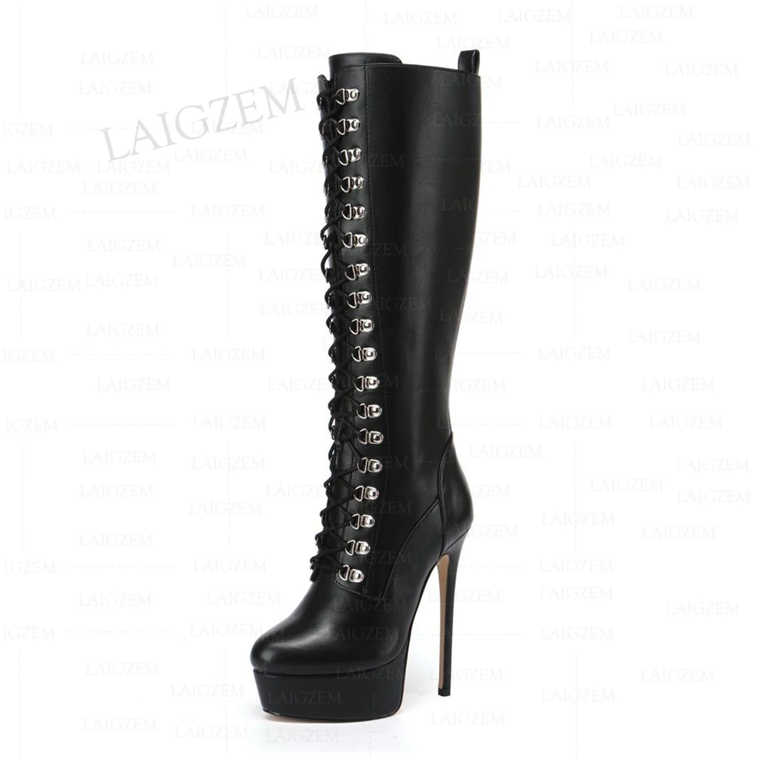 SEIIHEM Women Knee High Boots Platform Full Zip Up Thin High Heels Tall Boots Ladies Shoes Woman Botas Large Size 39 44 45 52