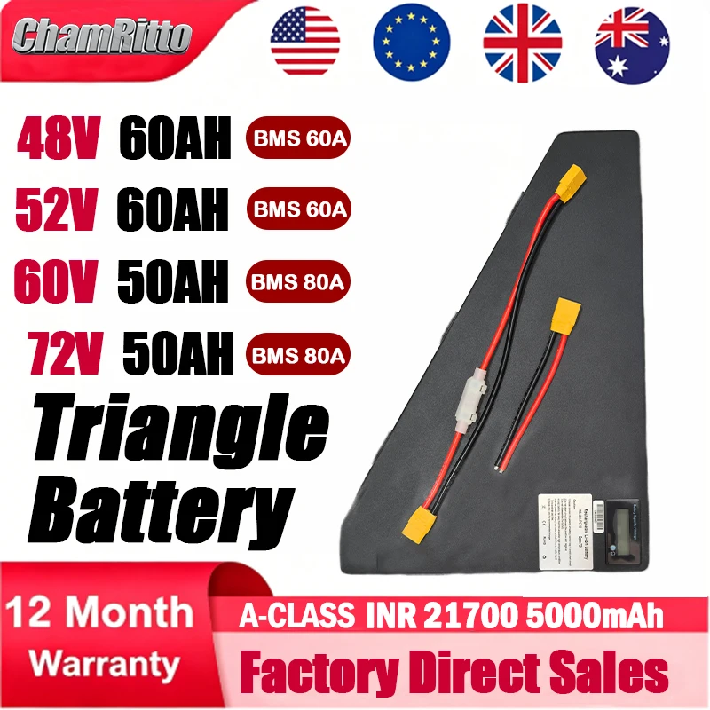 Electric Bike 48V72V 52V Triangle Battery 21700 Cell 80A BMS 60AH Huge Capacity Battery with Charger 2000W ebike Lithium Battery