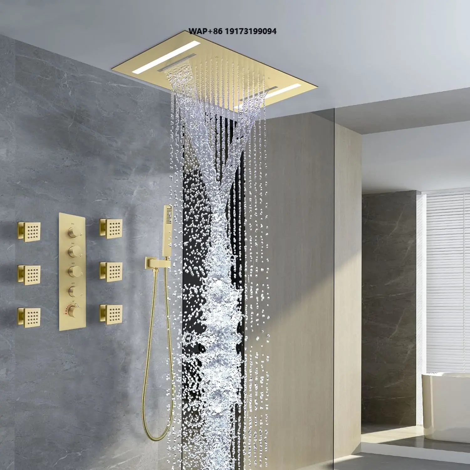 Multi Full Body Thermostatic Stainless Steel Luxury Spa Shower System 14x20 Inch LED 4 Functions 5-Handle Faucet Set Rainfall