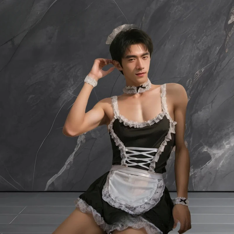 

Cross-border Sexy Pure Desire Men Cosplay Stretch Milk Silk Lace Suspender Skirt and Lace Apron Valet Lingerie Uniform Set