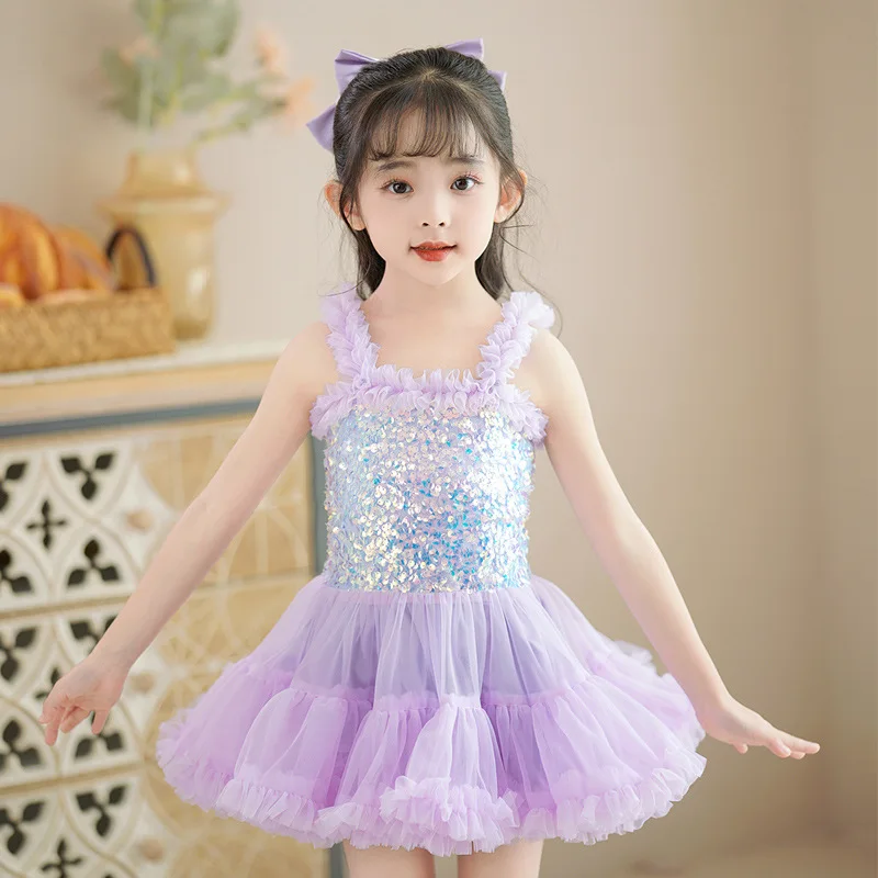 2023 Girls Summer Performance Puffy Dress Birthday Party Princess Dress Cute Girls Mesh Sling Dress Sequined Tutu Dress 12M-6T