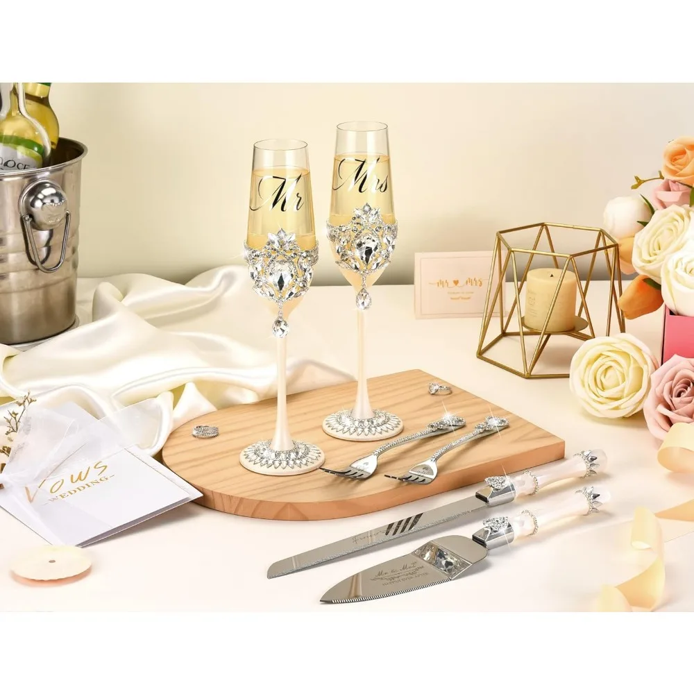 Flautas de champán de cristal de lujo con diamantes de imitación y colgante de pétalos de plata, cuchillo para pastel de boda hecho a mano y juego de servidor, pastel S
