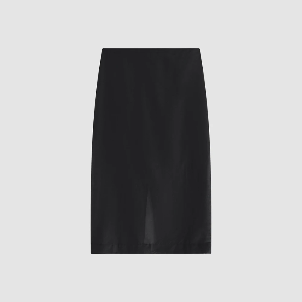 Women Silk Cotton Blend Midi Skirt High Waist Straight Pencil Skirt Back Split Solid Black White Elegant Office Ladies Skirt