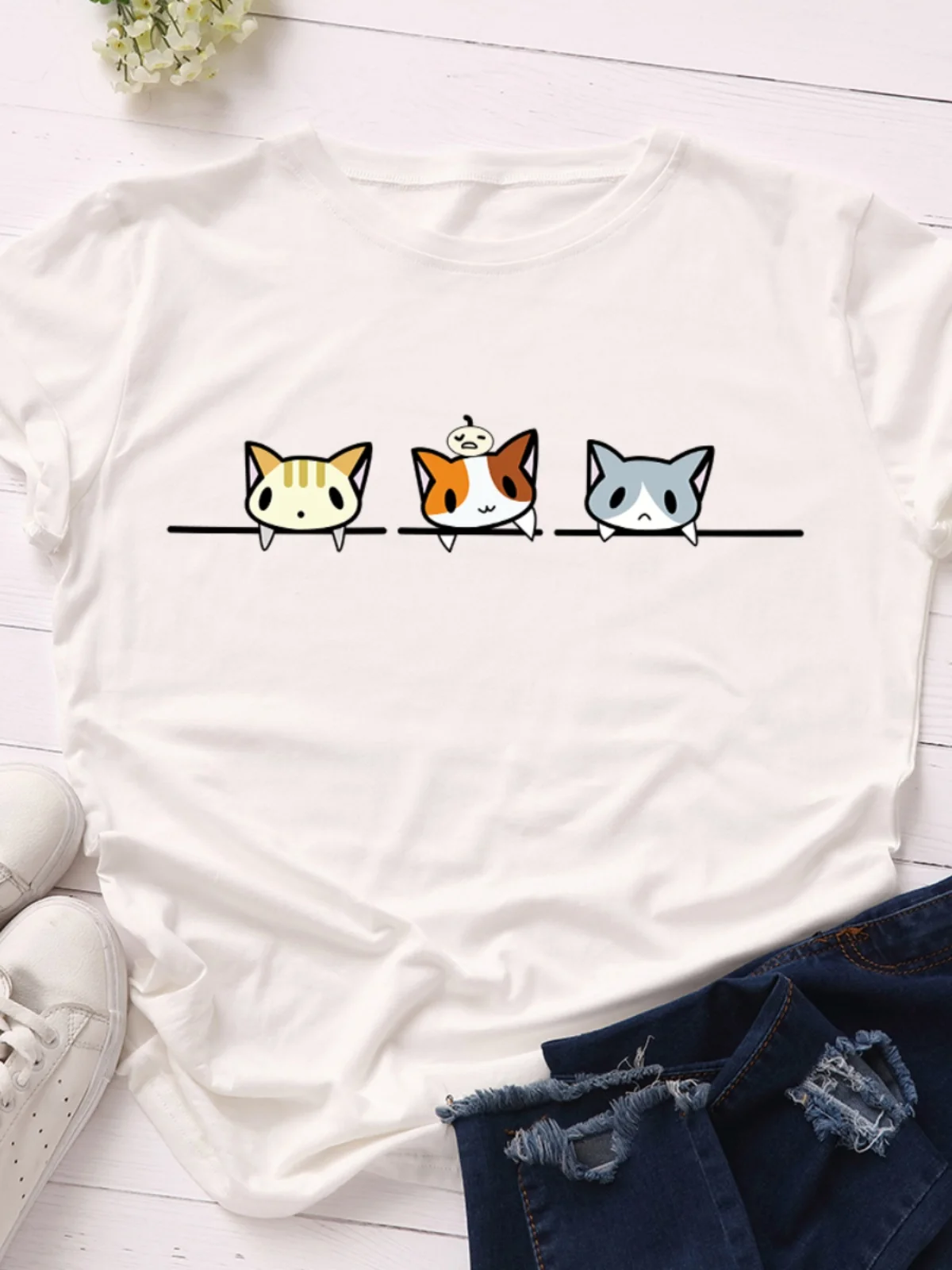 

Loose Thin ort Sve round Ne Print T-irt Women's Street Sle Casual Cotton Top for Young Adults 8-24 Years Old