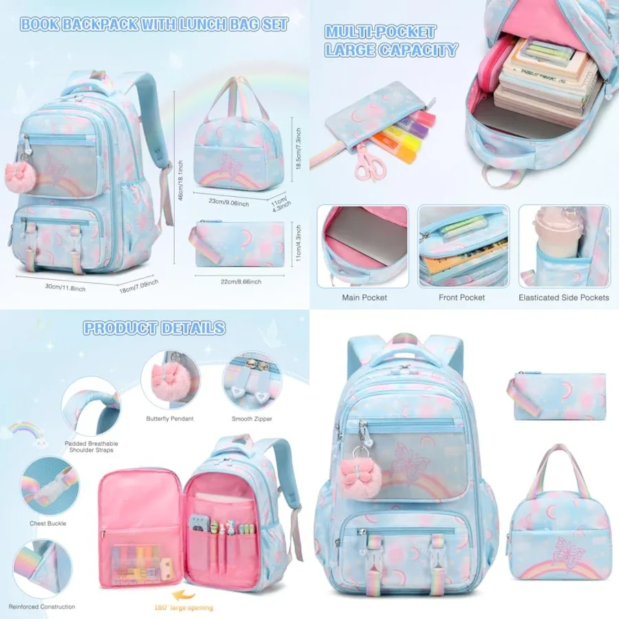 

Backpack for Girls, Rainbow Butterfly Girls Backpacks with Lunch Bag Pencil Case Set, Backpack Kindergarten Elementary Middle S