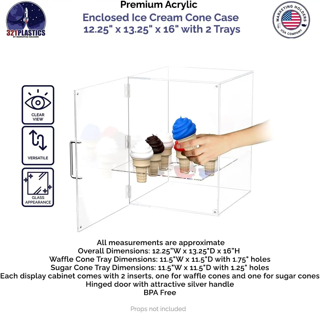 Enclosed Ice Cream Cone Cabinet Clear Acrylic For Sugar Or Waffle Cones With 9 Holes Door Closure And Silver Handle By