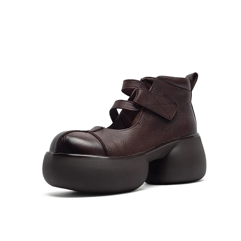 6.5cm Genuine Leather Women Summer Comfy Shoes Flats Rubber Elthnic Retro Loafer Spring Mary Jane Platform Wedge Hook Pumps
