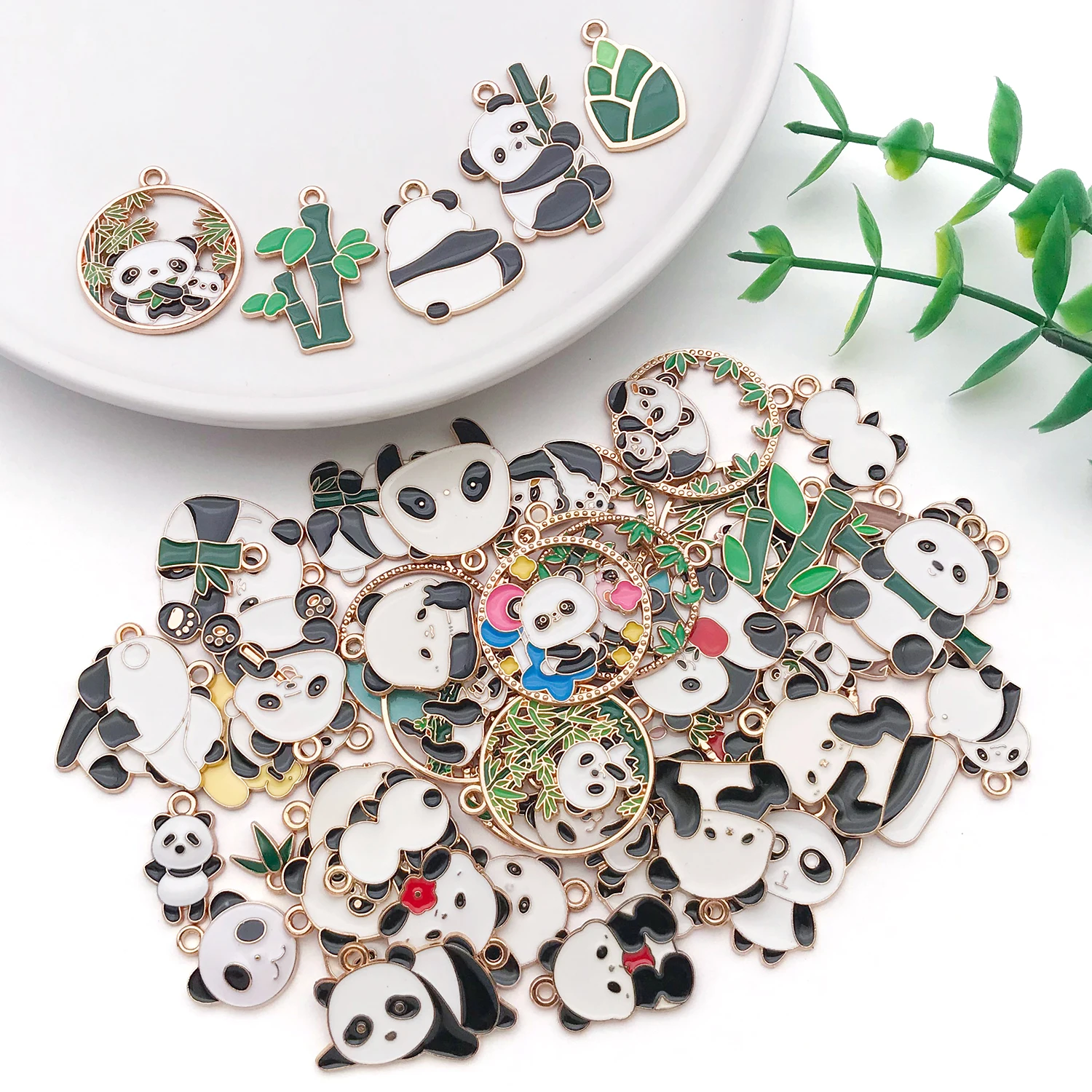 

Chinese Style Panda Charms, 30/50 pcs Cartoon Panda Bamboo Enamel Alloy Pendants for DIY Earrings & Keychains.
