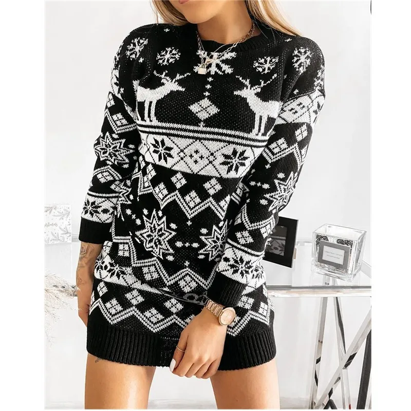 Snowflake Deer Women Christmas Mini Dresses Long Sleeve Red Short Dress 3D Print Festival Street Casual Ladies Mini Dress