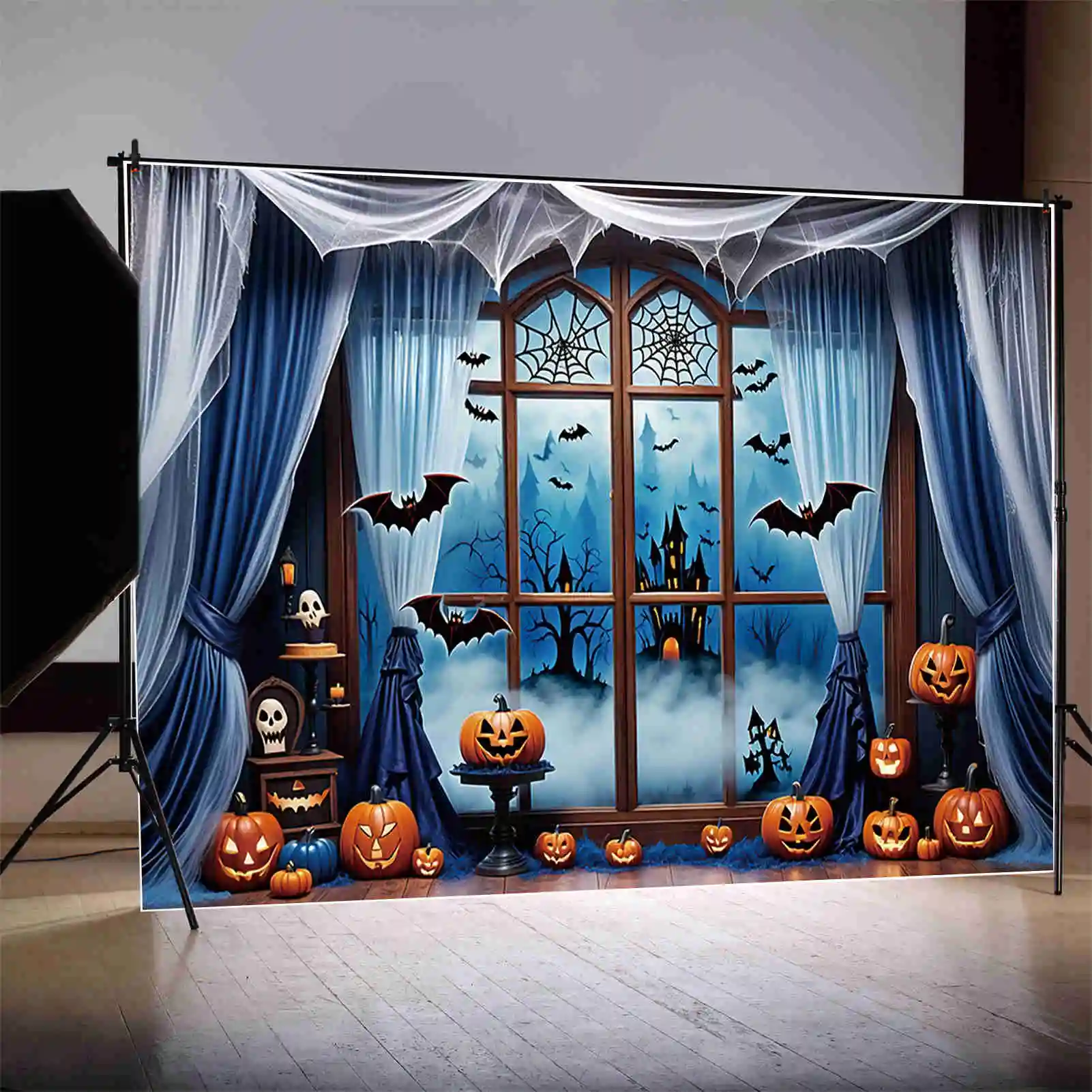 MOON.QG Хэллоуин Тыква фон синее окно занавеска дети Внутренние декорации на заказ фотозоны поставки