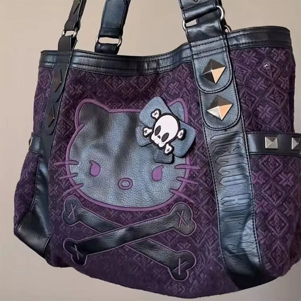 Sanrio Hello Kitty Y2K Vintage Patchwork púrpura axila bolsa subcultura dulce picante chica bolso gótico tendencia versátil bolso de mano