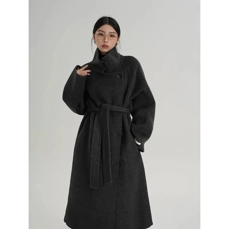 

Advanced Gray Double-Sided Standing Collar Long Woolen Coat for Women Fashionable Autumn Winter Clothing