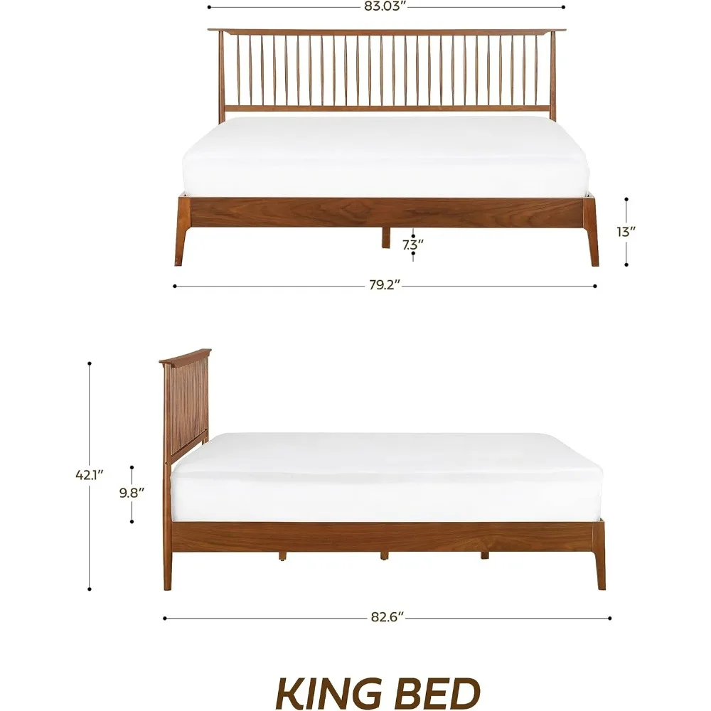 Ruby Wooden Bed Frame with Headboard, Crafted from Walnut, Rubber Wood with Silent Slats and Wood Central Supports,