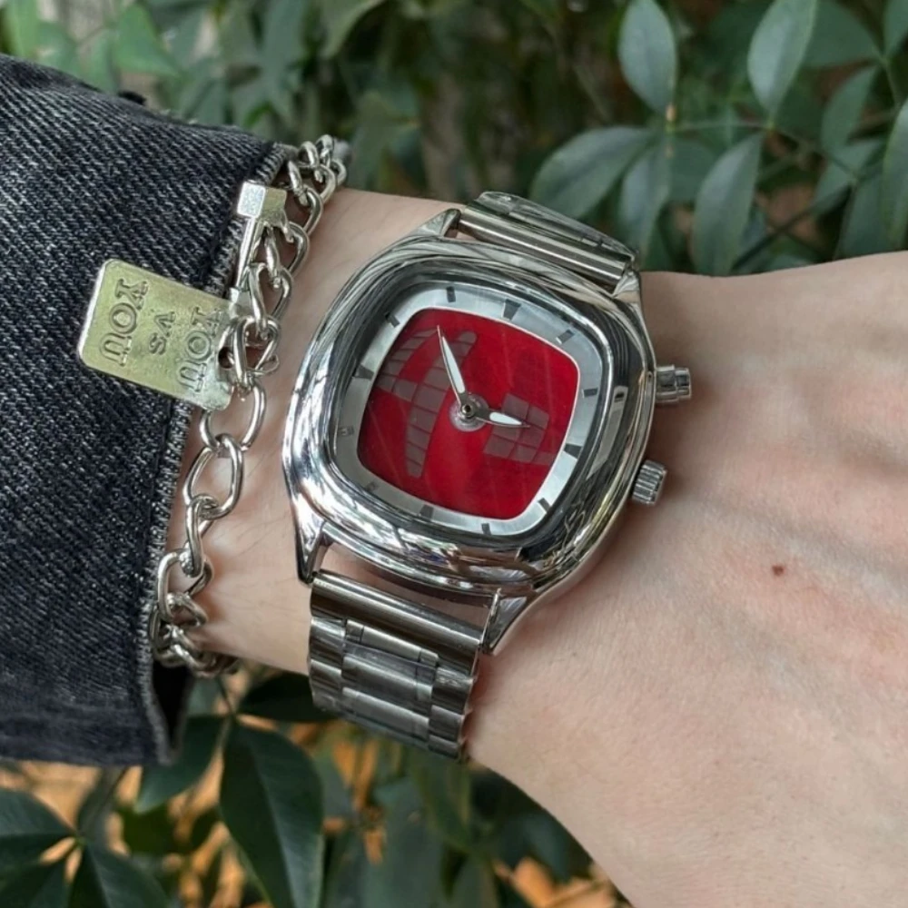 Business Classic Quartz Watch Red Y2K AlienPointer Number Dual Display Stainless Steel Original Watches Men Dynamic Design Clcok