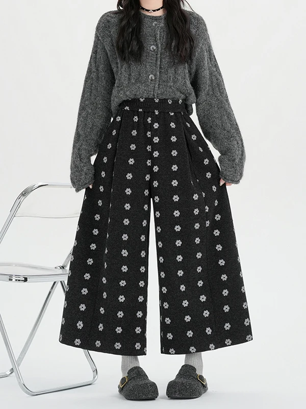 Pantaloni di lana floreali a gamba larga a vita alta Pantaloni casual dritti larghi autunno inverno da donna Stampa di piccole dimensioni Otto nove pantaloni