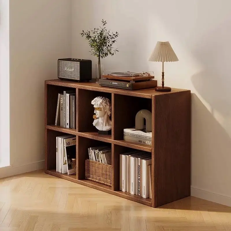 Retro solid wood walnut bookcase, lattice cabinet against the wall, low cabinet storage floor rack