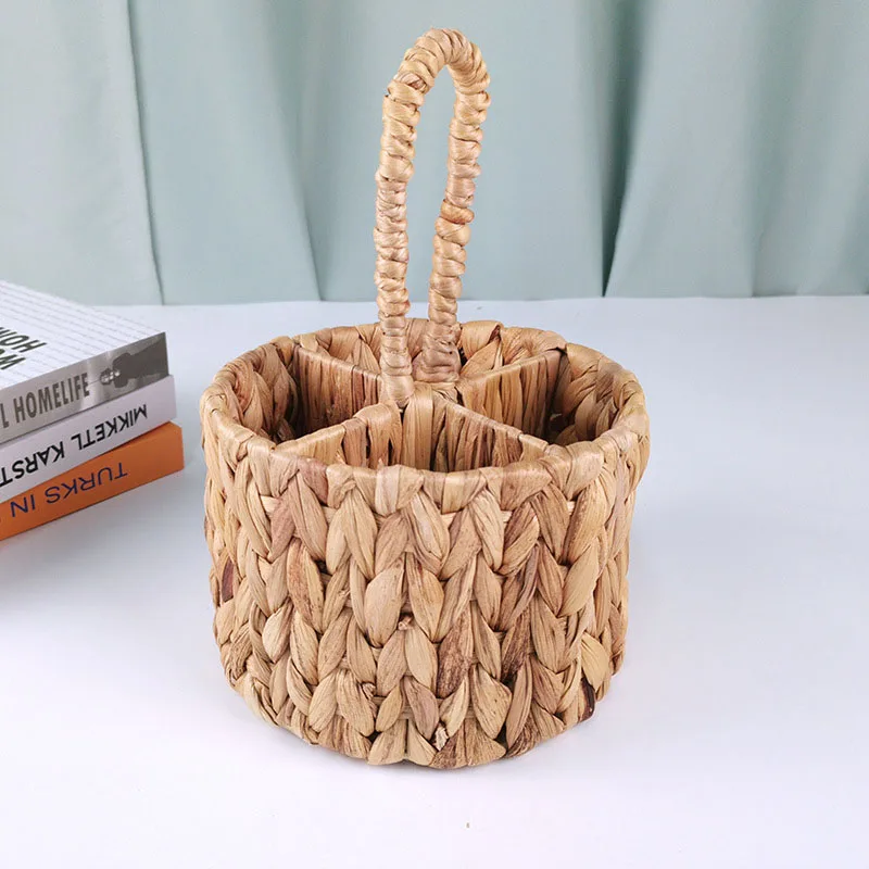 Wicker Flatware Organizer, Hand Woven Water Hyacinth Cutlery Holder for Countertop with Handle