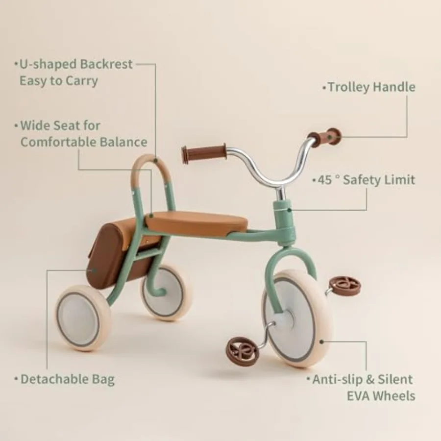 Rowerek trójkołowy dla malucha w wieku 2,5-4 lat, prezent na pierwsze urodziny dziecka, zabawka rowerowa z uchwytami na kierownicę i schowkiem do zabawy na świeżym powietrzu (zielony)