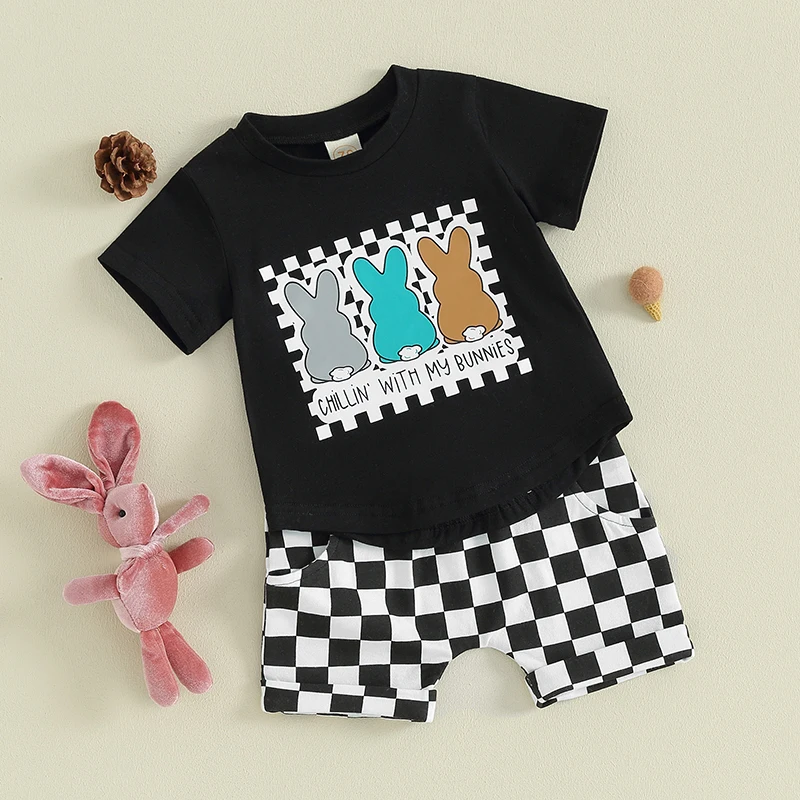 

Toddler Boy Easter Clothes Bunny Print Short Sleeve T-Shirt with Checkerboard Print Shorts 2Pcs Summer Outfit