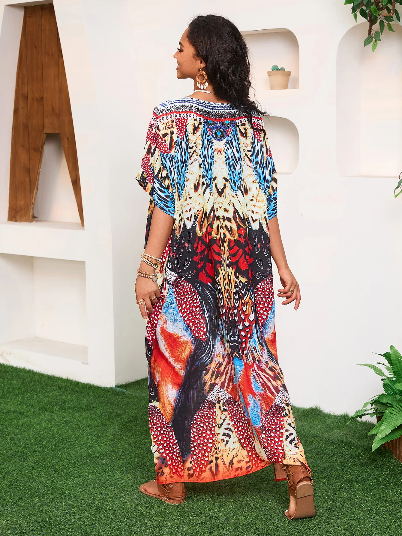 

Female Casual Geometric Printed Side Slit V Neck Bohemian Beach Vacation Swim Cover Outfit