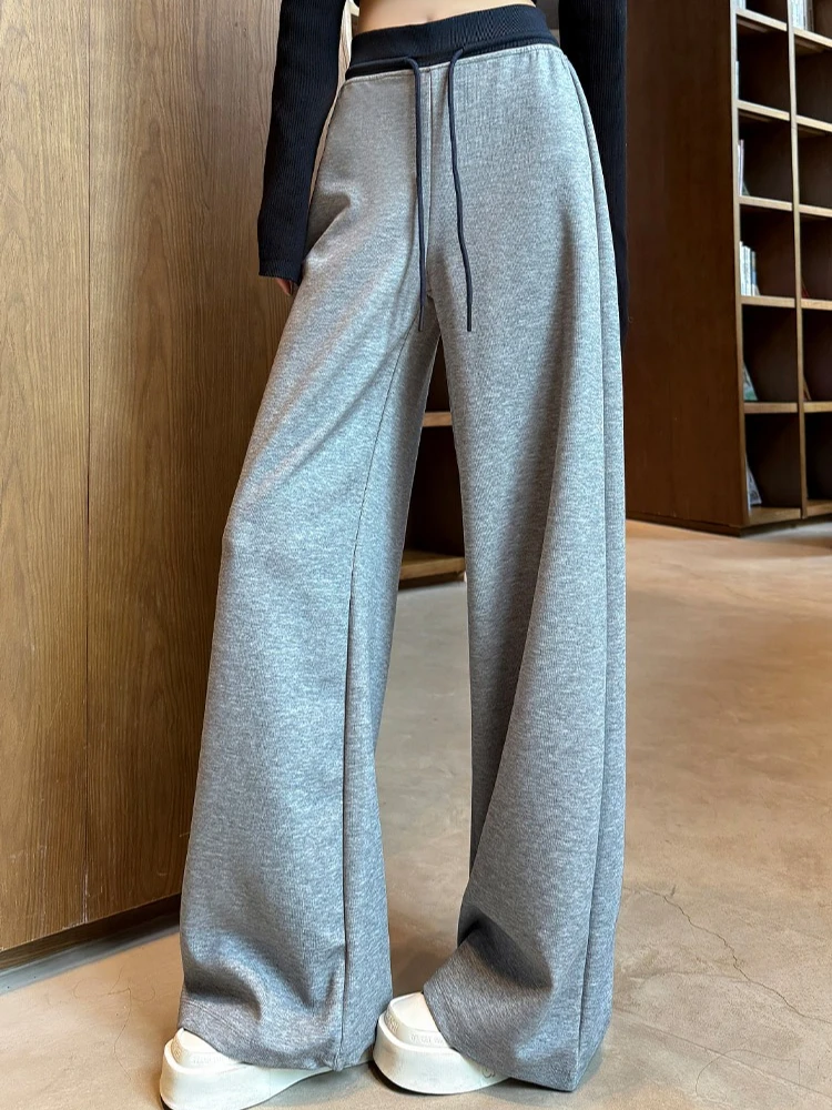 

Женские осенне-зимние утепленные трикотажные брюки с высокой талией, контрастные цвета, широкие брюки с эластичной резинкой на талии и шнурком