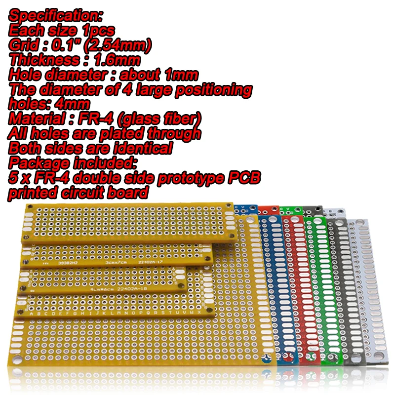 Protótipo Lateral Duplo Placa de Circuito Impresso PCB Breadboard, DIY, Universal, 6 Cores, 2x8, 3x7, 4x6, 5x7, 7x9cm, 5pcs por lote