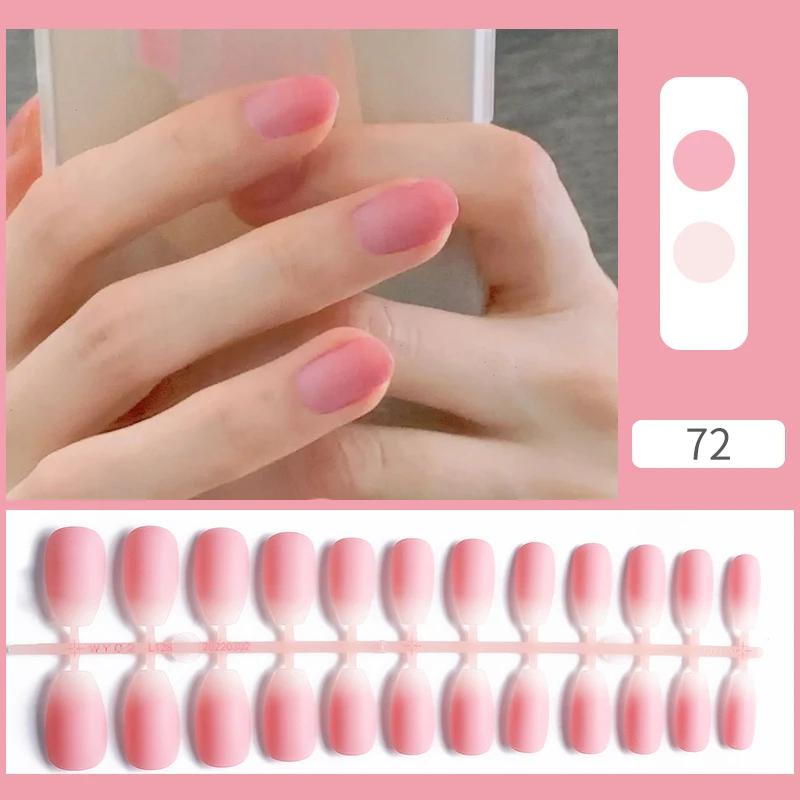 24Pcs Matte Round Head False Nail Art No Glue Press on Nails Full Cover Pink White Short Square Detachable Artificial Fake Nails