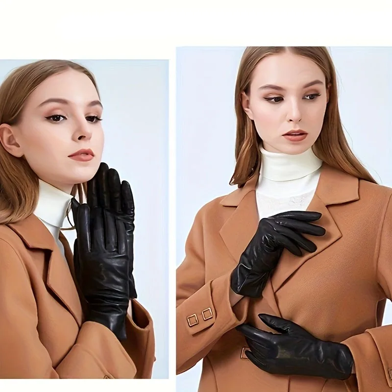 High Quality Full Finger Black Riding Gloves Women PU Leather Glove Winter Warm Touch Screen Gloves  Winter Outdoor Sports Glove