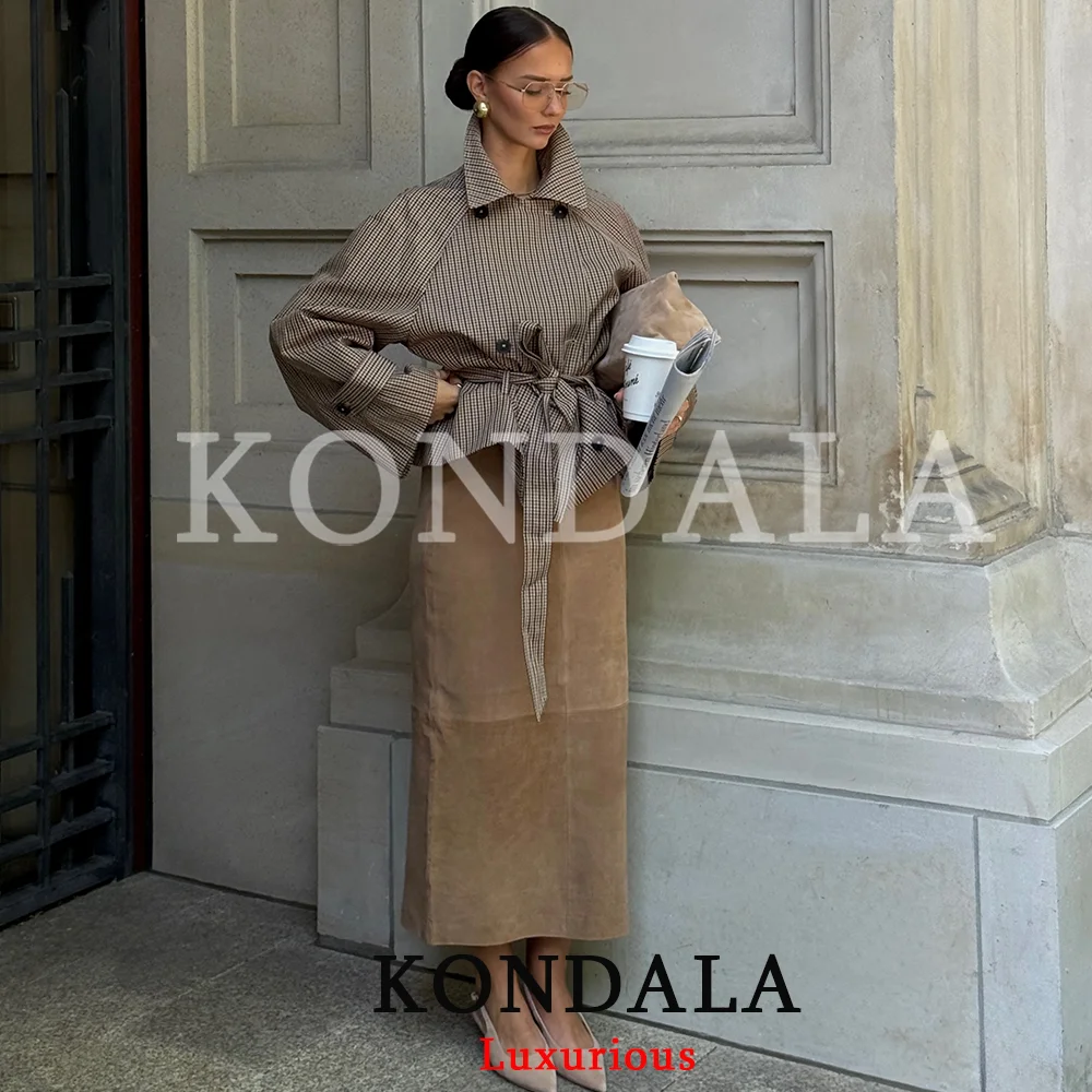 KONDALA Vintage Chic Karierter Gürtel Damenjacke mit Übergroßen Knöpfen und Gürtel Damen Trenchcoat Mode 2026 Herbst Winter Elegante Oberteile – Detail 4