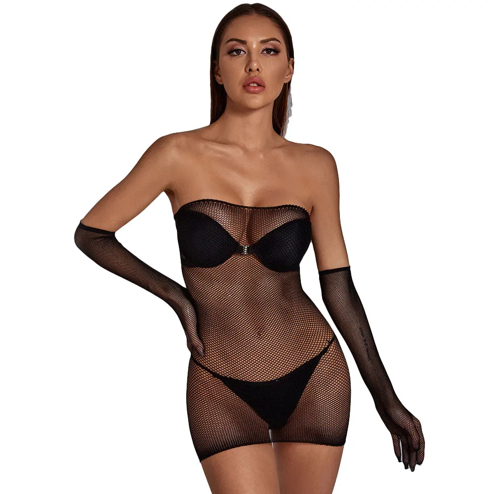 Sexy Mesh Bandage Micro Mini Dress Sexy Appeal Nightclub Transparent Dress Sheer Bodycon See Through Kawaii Style With Glove