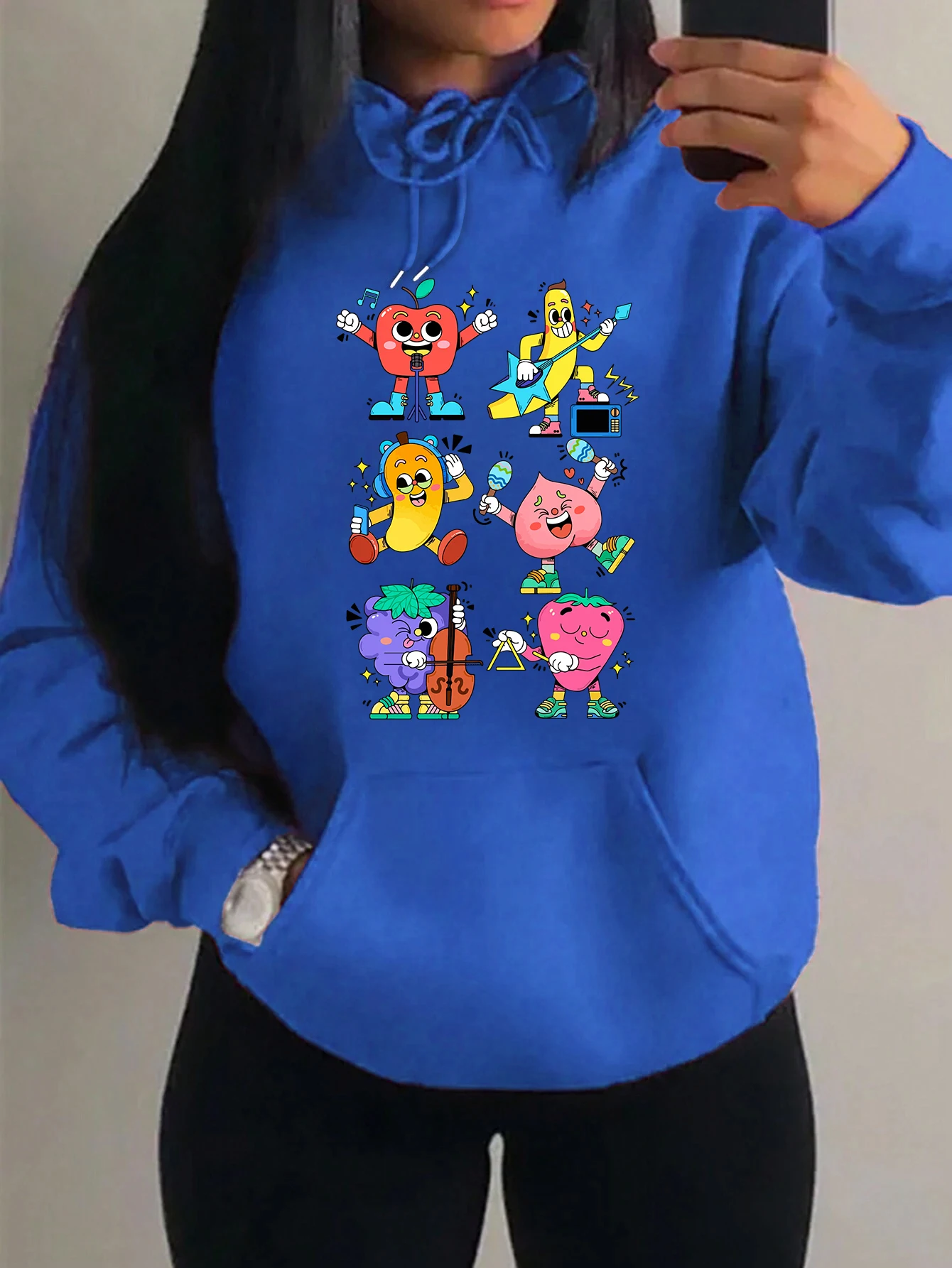 Hip Hop Rock Fruit Music Team Print Women Hoody Fashion Pocket Y2K Top Hip Hop Loose Pullover Casual Fleece Unisex Clothes