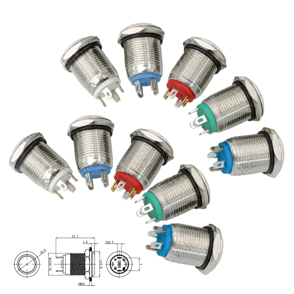 12mm 6V 12V 24V Red Blue Green Waterproof Metal  LED Light Momentary Latching Car Engine Power Integrated circuit 12V 24V