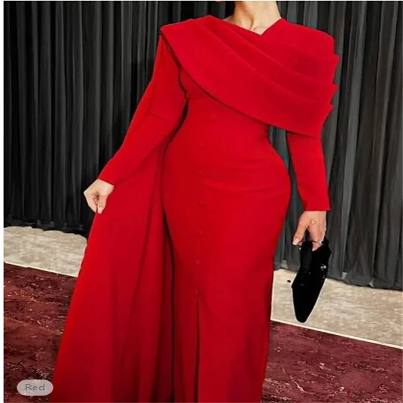 Sheath Black Dress Evening Gown Elegant Cape Dress Formal Fall Sweep Train Long Sleeve Cowl Neck Stretch Fabric with Buttons