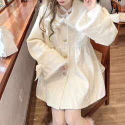 Japan Style Sweet Bow Lolita Woolen Coats Womem Winter Clothes 2024 Thickend Warm Outerwear Jacket Female Fashion Christmas Coat