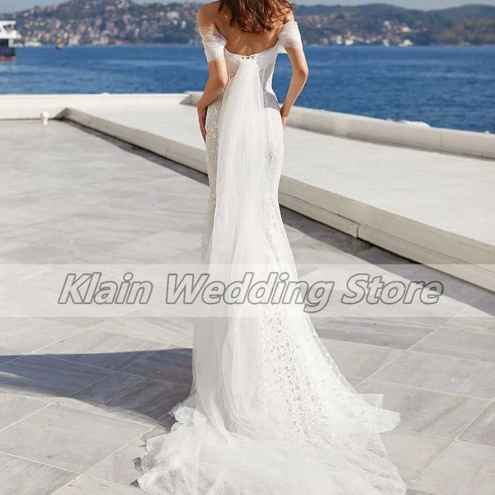 Vestido De Novia De Sirena De tul para mujer, hombros descubiertos, sin mangas, Espalda descubierta, sin tirantes, Corte Sirena