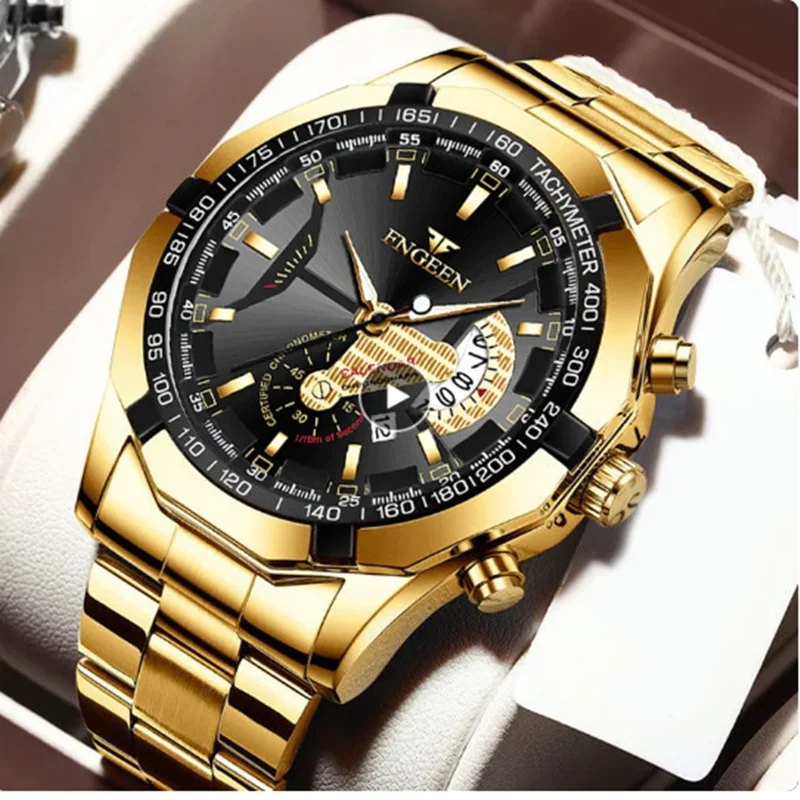 FNGEEN 001 แฟชั่นผู้ชายควอตซ์นาฬิกากันน้ําปฏิทินผีเสื้อคู่หัวเข็มขัดแฟชั่นผู้ชายนาฬิกาควอตซ์ 2025