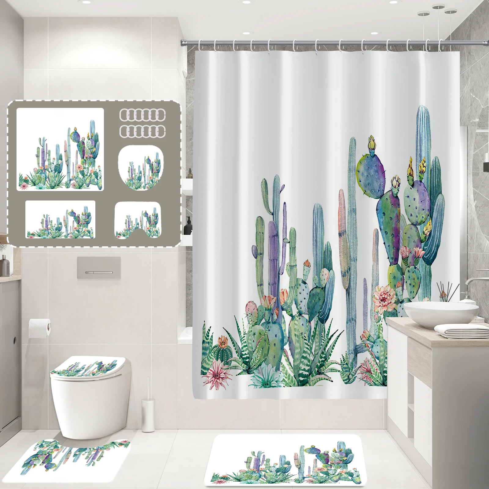 Botanical cactus print shower curtain minimalist polyester home décor bathroom curtain with hooks