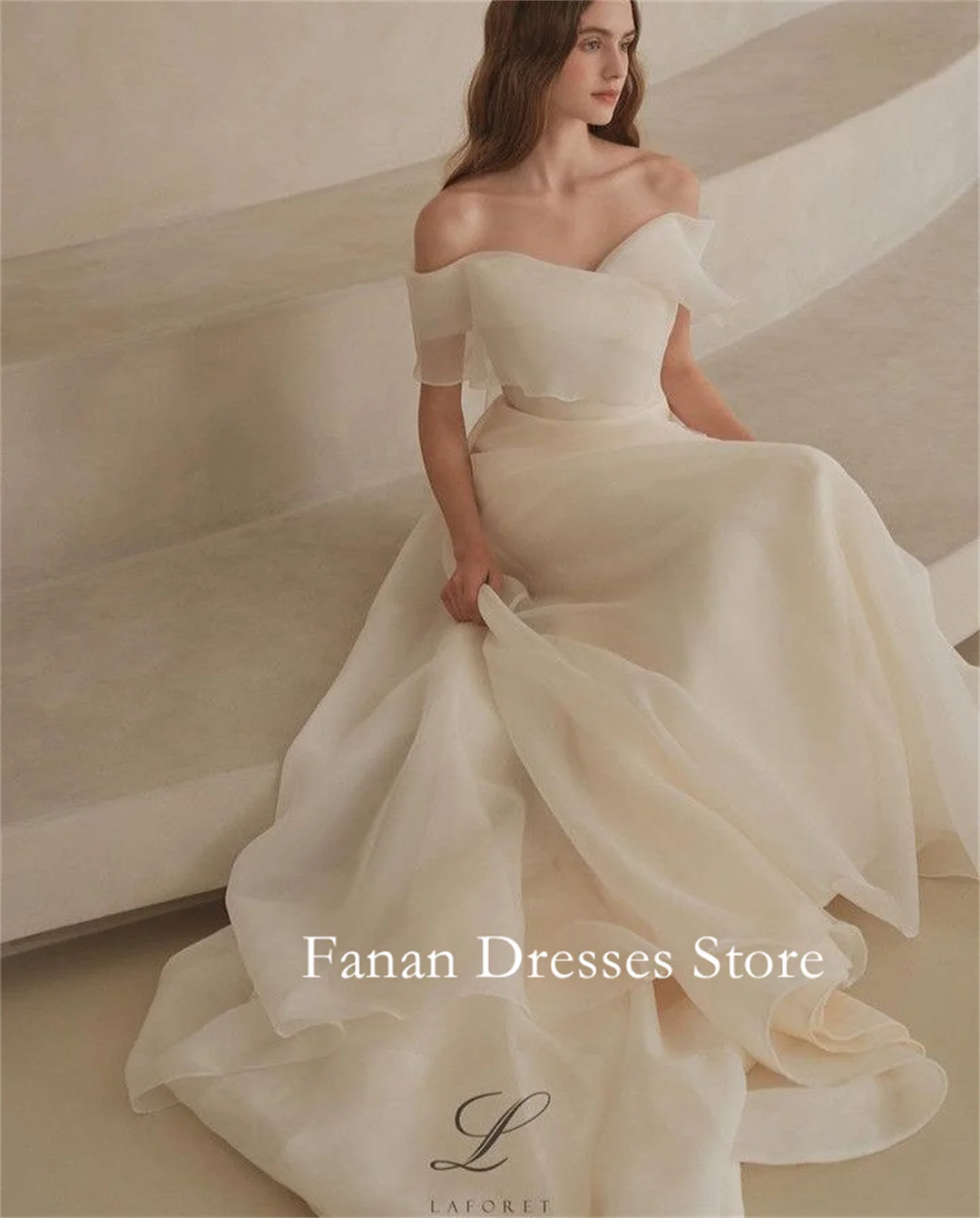 FANAN Korea Off Shoulder Elegant Organza A-Line SImple Wedding Dresses 웨딩드레스 Ruched Corset Ivory Customized Pretty  Bride G